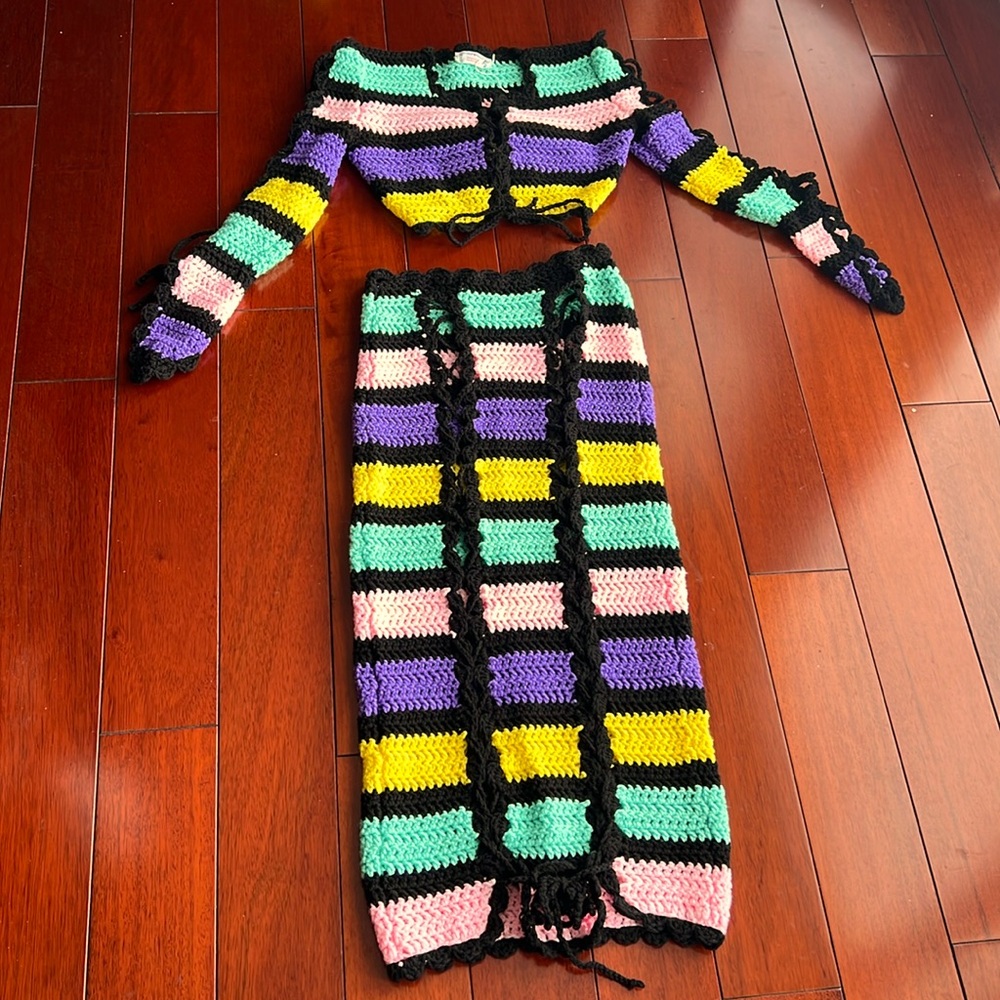 Multi-colored crochet matching 2-piece set with unique design! Cropped top.